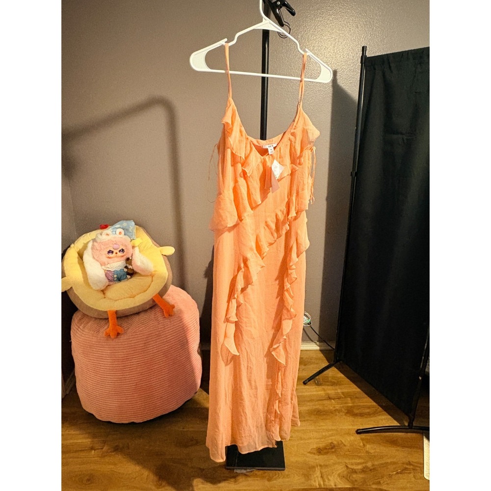 Bar III - Peach, Flowy Peach Dress with Ruffle Front, Spaghetti Strap Sz 10P